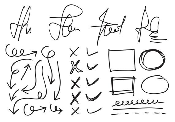 Doodle vector lines and curves.Hand drawn check and arrows signs. Set of simple doodle lines, curves, frames and spots. Collection of pencil effects. Doodle border.