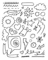 leaves, hearts, abstract, ribbons, arrows and other elements in hand drawn styles for concept designs. Doodle illustration. Vector template for decoration