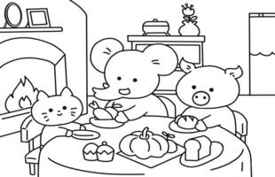 Little animal dinner together cartoon. vector