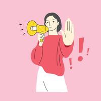 illustration of woman with stop gesture, and holding a megaphone vector