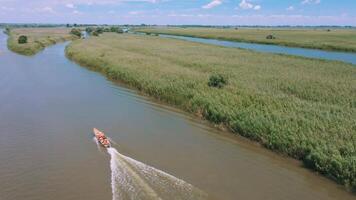 A boat with tourists rushes quickly along the river. Elderly tourism. Tourists in life jackets. Aerial view. Video from drone.