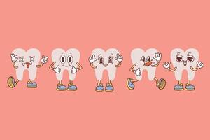 Set of groovy tooth cartoon characters. Funny healthy white molars with happy and sad faces, retro cartoon teeth mascot, dentistry and dental care sticker. Vector