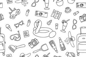 Seamless pattern of summer holiday elements, luggage and swimwear. Travel element drawn in doodle style. Vector