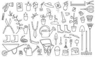 Large set of garden tools in doodle style. Watering can, hoe, bucket, hose, vector