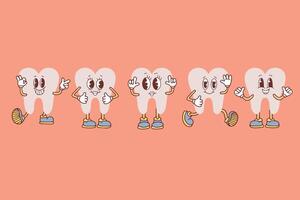 Set of groovy tooth cartoon characters. Funny healthy white molars with happy and sad faces, retro cartoon teeth mascot, dentistry and dental care sticker. Vector