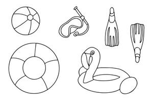 Set for relaxing on the beach. Snorkeling accessories, inflatable ball, circle. Isolated drawings in doodle style on a white background. Vector