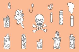 Set of disposable electronic cigarettes, smoking and vaping sketches. Cigarettes and vapes in doodle style. Vector illustration. Vector