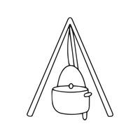 Sketch of a camp pot. Utensils for cooking over fire. Hand drawn vector illustration. Cooking outdoors. Boiler icon for travel blog, stickers or seasonal design.