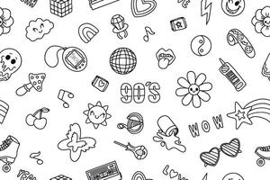 Seamless pattern of classic 80s 90s elements in doodle style. Hand drawn vector illustration. Fashionable patch, badge, emblem. Vector i