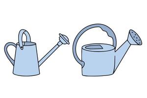 Garden watering cans in doodle style. Simple icons of watering cans. Hand-drawn outline of a watering can for the garden. Vector