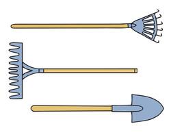 Set of garden tools. Rake, pitchfork and shovel. Caring for plants, gardens and personal plots. Vector illustration. Vector illustration. Vector illustration