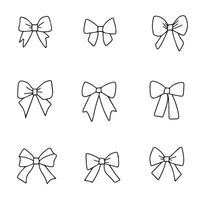 Set of elegant cartoon bows on a white background, gift ribbons. Fashionable accessory for hair braiding. Doodle ribbons. Hand drawn vector