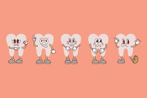 Set of groovy tooth cartoon characters. Funny healthy white molars with happy and sad faces, retro cartoon teeth mascot, dentistry and dental care sticker. Vector