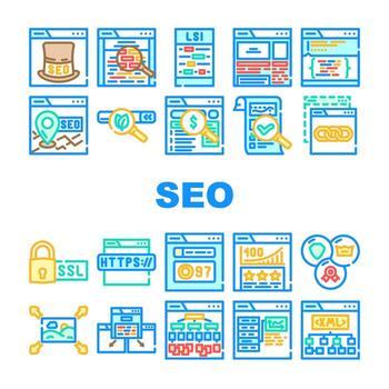 seo web technical consulting icons set vector