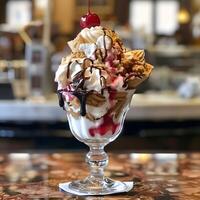 AI generated Ice cream sundae towering scoops cherry on top indulgence photo