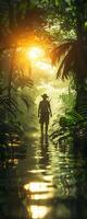 AI generated Archaeologist, safari suit, studying ancient civilization, amidst lush jungle, surrounded by mystical wildlife, 3D render, spotlight, Vignette photo