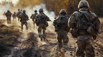 ai generado infantería avanzando debajo fuego unidad en caos foto