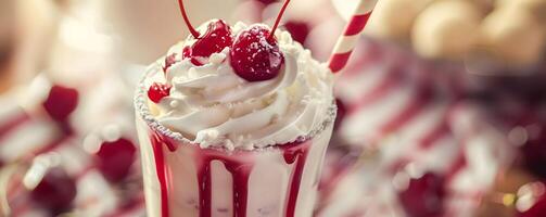 AI generated Milkshake with whipped cream cherry topping photo