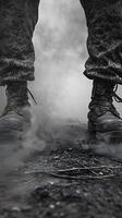 AI generated Combat boots on dusty ground steps of resilience photo