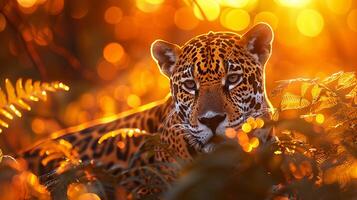 AI generated Jaguar, Wild Ferns, Majestic predator roaming lush jungle foliage under a setting sun, Realistic, Golden Hour, Depth of Field Bokeh Effect photo