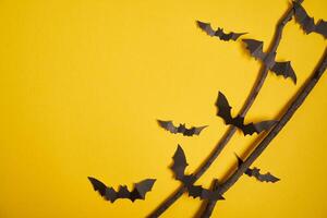 Halloween decoration concept black paper bats dry branch stick yellow cardboard background photo