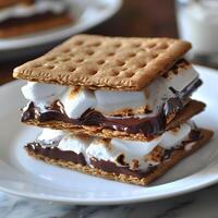 AI generated Roasted marshmallow sandwiched between chocolate and graham crackers, gooey perfection photo