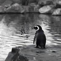 ai generado reflexionando pingüino, adecuado para el frío, solitario contemplación foto
