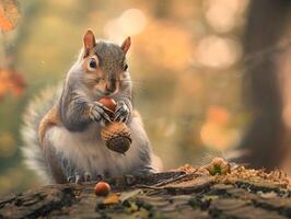 AI generated Cheeky squirrel with an acorn, tiny adventurer, forests bounty photo