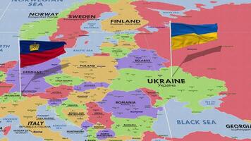 Liechtenstein and Ukraine Flag Waving with The World Map, Seamless Loop in Wind, 3D Rendering video