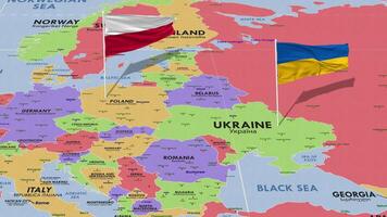 Polonia y Ucrania bandera ondulación con el mundo mapa, sin costura lazo en viento, 3d representación video