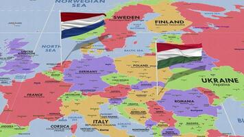 Hungary and Netherlands Flag Waving with The World Map, Seamless Loop in Wind, 3D Rendering video