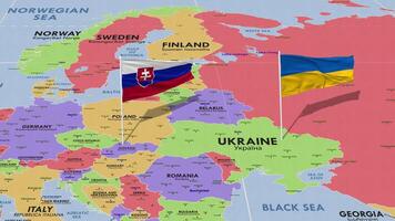 Slovakia and Ukraine Flag Waving with The World Map, Seamless Loop in Wind, 3D Rendering video