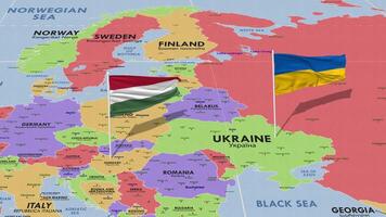 Hungary and Ukraine Flag Waving with The World Map, Seamless Loop in Wind, 3D Rendering video