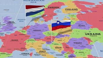 Slovenia and Netherlands Flag Waving with The World Map, Seamless Loop in Wind, 3D Rendering video
