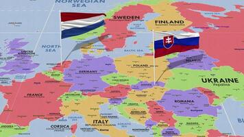 Slovakia and Netherlands Flag Waving with The World Map, Seamless Loop in Wind, 3D Rendering video