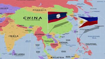 Laos y Filipinas bandera ondulación con el mundo mapa, sin costura lazo en viento, 3d representación video