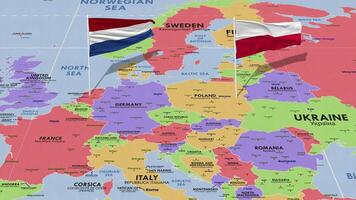 Poland and Netherlands Flag Waving with The World Map, Seamless Loop in Wind, 3D Rendering video