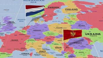 montenegro y Países Bajos bandera ondulación con el mundo mapa, sin costura lazo en viento, 3d representación video