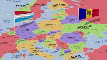 Luxemburgo e Moldova bandeira acenando com a mundo mapa, desatado ciclo dentro vento, 3d Renderização video