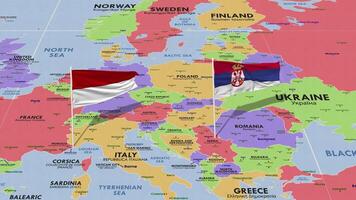 Mónaco y serbia bandera ondulación con el mundo mapa, sin costura lazo en viento, 3d representación video