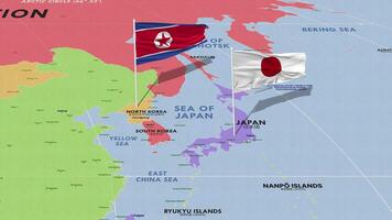 Giappone e nord Corea bandiera agitando con il mondo carta geografica, senza soluzione di continuità ciclo continuo nel vento, 3d interpretazione video