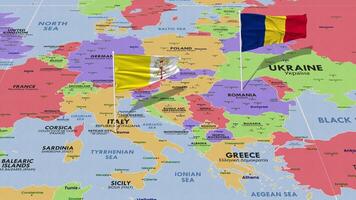 Vatican City and Romania Flag Waving with The World Map, Seamless Loop in Wind, 3D Rendering video