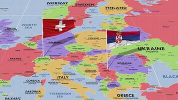 Svizzera e Serbia bandiera agitando con il mondo carta geografica, senza soluzione di continuità ciclo continuo nel vento, 3d interpretazione video