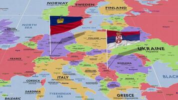 Liechtenstein e Serbia bandiera agitando con il mondo carta geografica, senza soluzione di continuità ciclo continuo nel vento, 3d interpretazione video