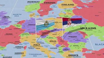 san marino y serbia bandera ondulación con el mundo mapa, sin costura lazo en viento, 3d representación video