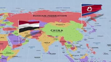 Yemen y norte Corea bandera ondulación con el mundo mapa, sin costura lazo en viento, 3d representación video