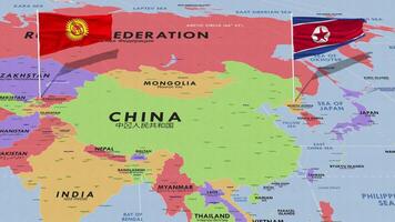 Kirguistán y norte Corea bandera ondulación con el mundo mapa, sin costura lazo en viento, 3d representación video