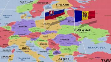 Eslovaquia y Moldavia bandera ondulación con el mundo mapa, sin costura lazo en viento, 3d representación video