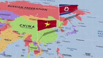 Vietnam e nord Corea bandiera agitando con il mondo carta geografica, senza soluzione di continuità ciclo continuo nel vento, 3d interpretazione video