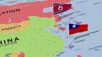 Taiwán y norte Corea bandera ondulación con el mundo mapa, sin costura lazo en viento, 3d representación video